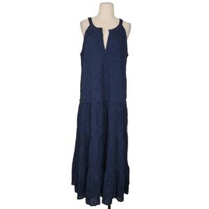 NWT Voloshin Tiered Midi Dress Sz M Navy Blue Cotton Textured Oversized Flowy